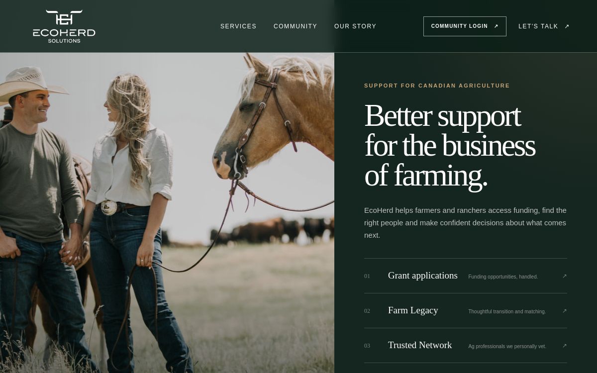 EcoHerd Solutions website homepage with ranchers, horse and service descriptions