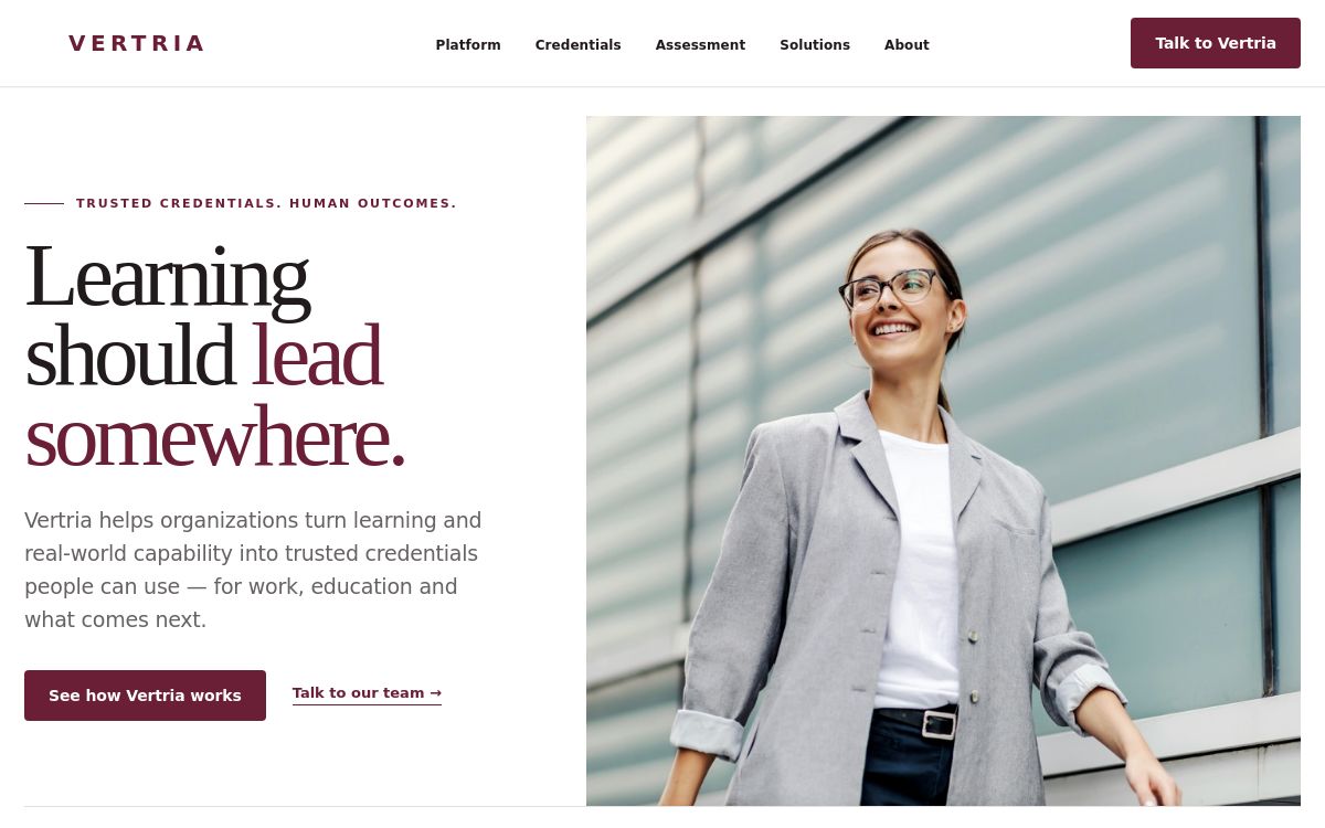 Vertria website homepage explaining trusted skills credentials